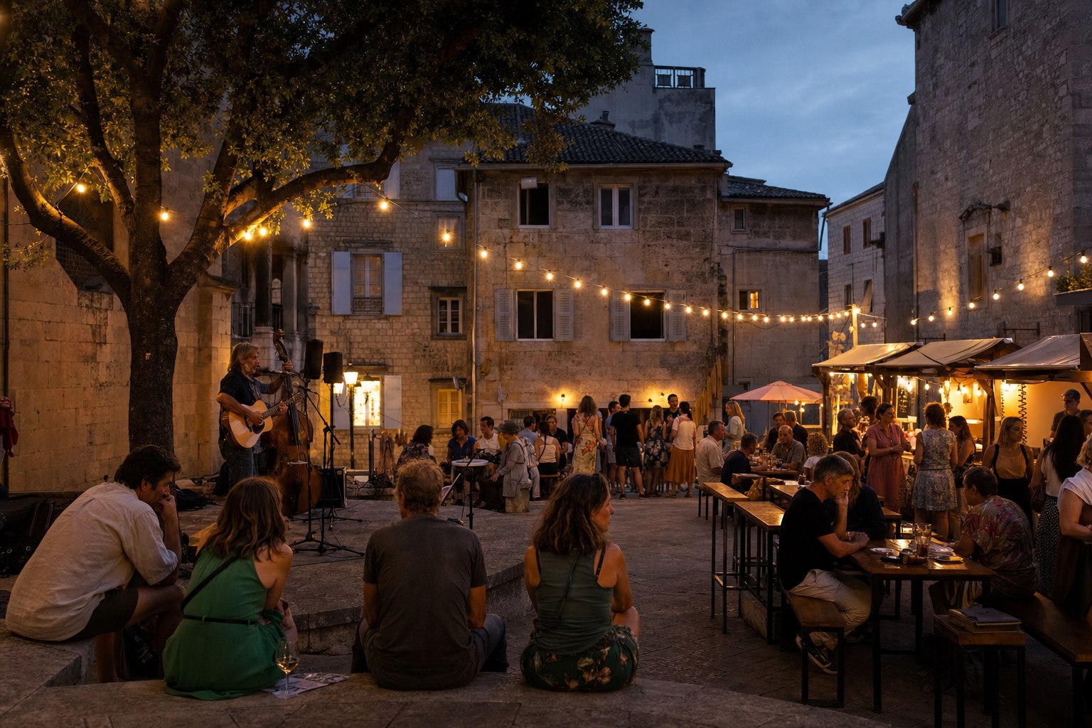 Kleinschalig stadsfestival op een oud plein met muziek en warme lichtslingers