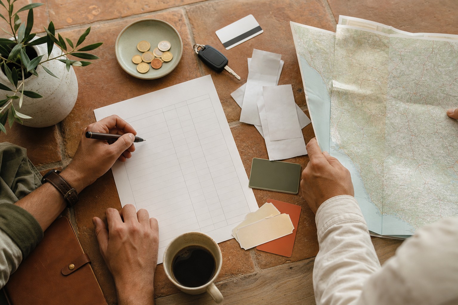 Reizigers maken aan een tafel met kaart, bonnetjes en autosleutel een begroting voor Toscane