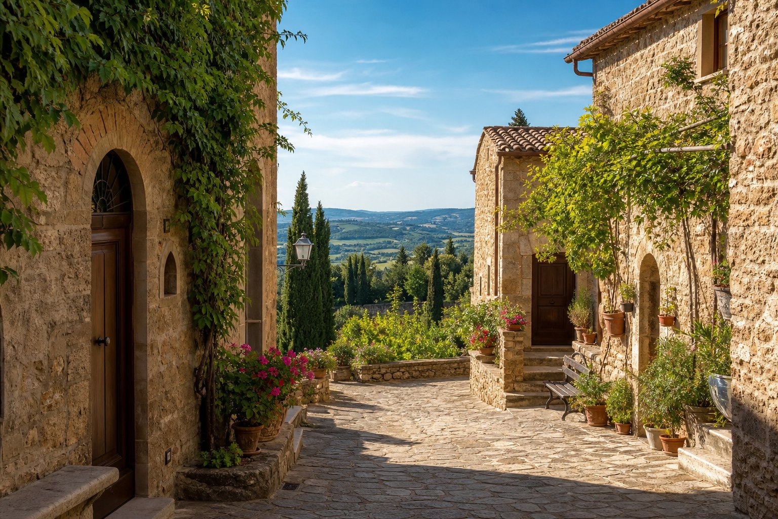 Zonnige stenen straat in een Toscaans dorp met uitzicht op groene heuvels