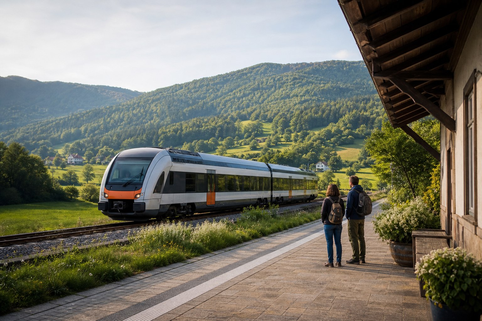 Twee reizigers wachten op een regionaal treinstation tussen groene heuvels