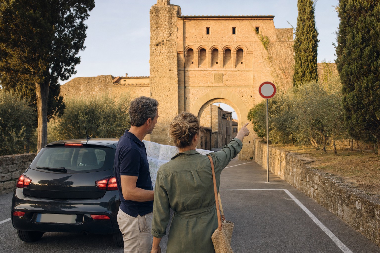 Reizigers controleren buiten een historische Toscaanse stad een verkeersbord naast hun huurauto